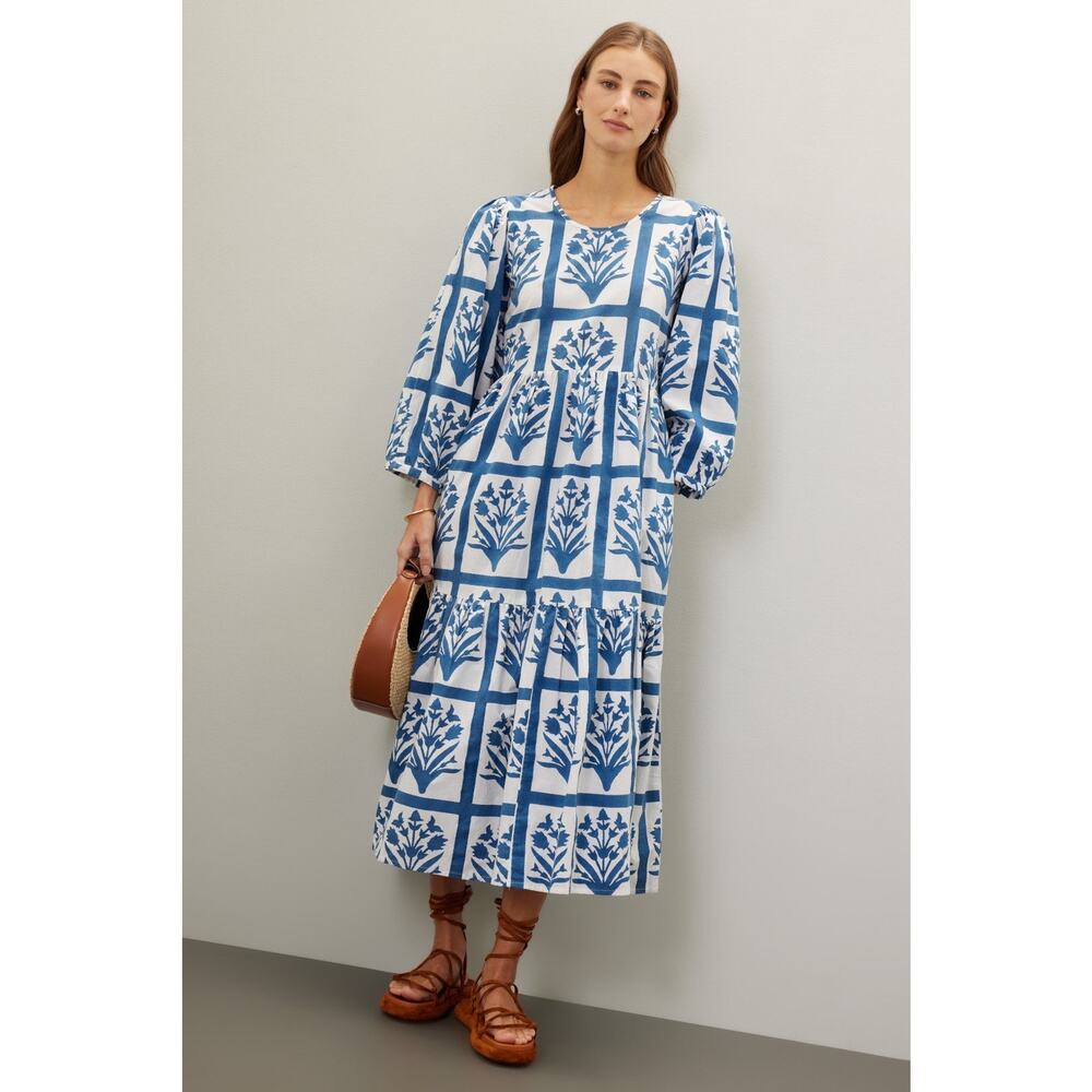 SZ BLOCKPRINTS Blue White Floral 100% Cotton Long Sleeve Orti A-Line Dress Small